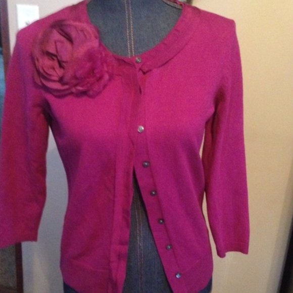 The Limited Sweaters - Romantic Fuchsia Pink Cardigan with Organza Trim and Flower - M